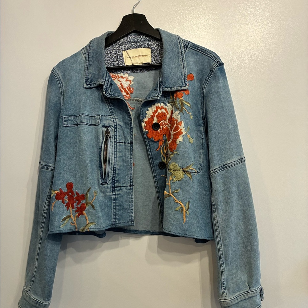 Anthropologie Jean Jacket with Floral Embroidery, Size Small
